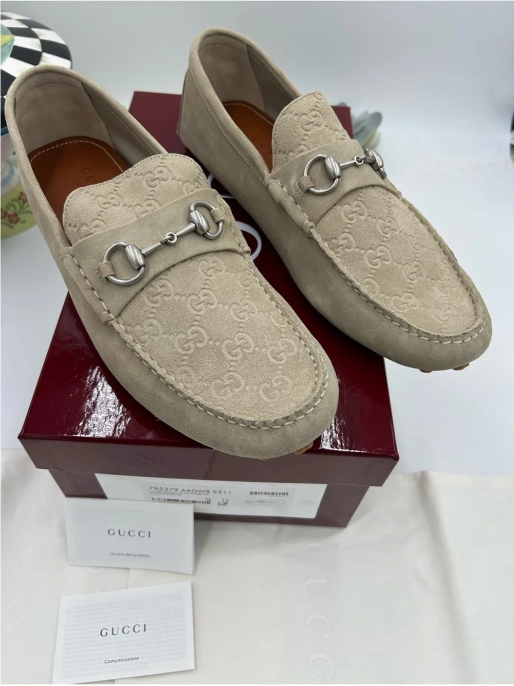 Men’s Gucci GG embossed suede driver loafers size 12 fits 13 US made in Italy